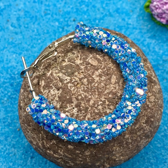 Sparkling Blue Hoop Earrings - Picture 4 of 6